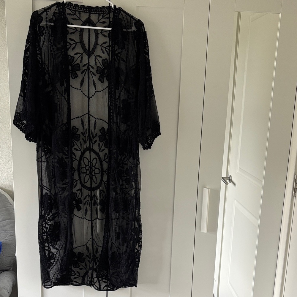 Black Boho Sheer Embroidered Maxi Cover up